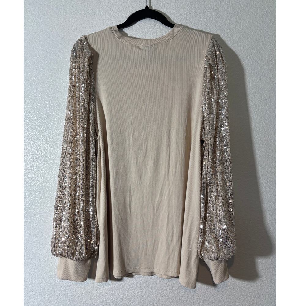 Torrid Women's Size 1X Sequin Long Sleeves Ribbed Champagne Beige Crew Neck Top - Picture 3 of 7